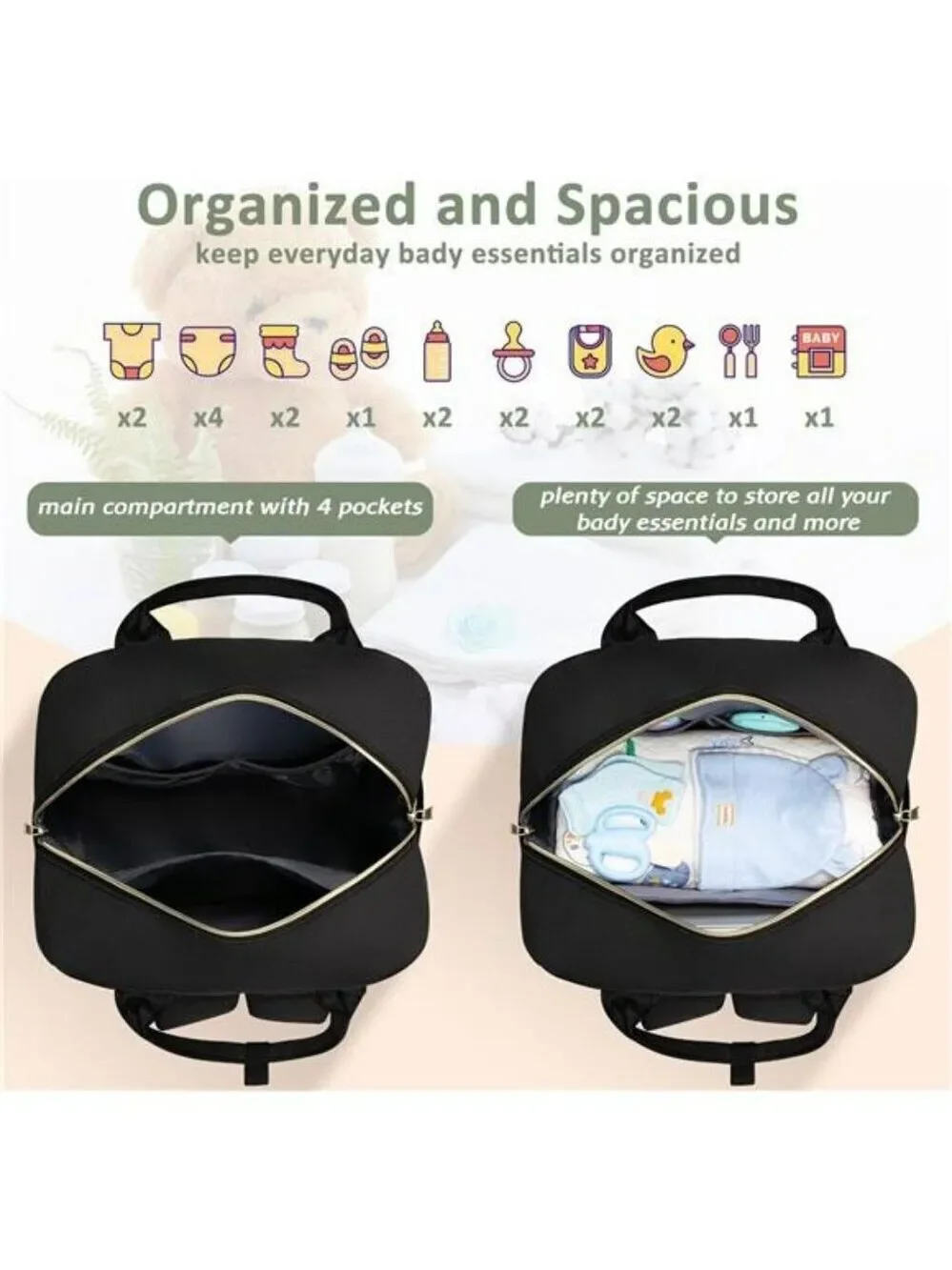 Diaper Bag Backpack Large Capacity Baby Travel Bag with Pacifier Holder Black